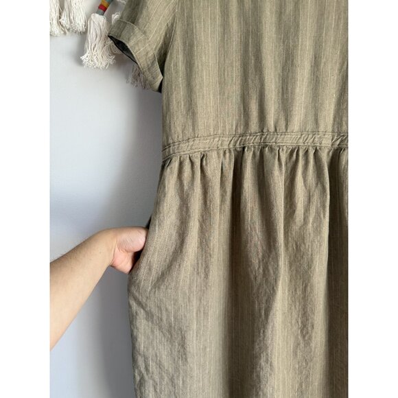 100% Linen Pinstripe Green Puff Sleeve Gathered Midi Shirtdress Coastal Beachy S - Picture 7 of 9